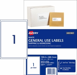 LABEL AVERY COPIER/LASER L7167GU 199.6X289.1 1UP BX100