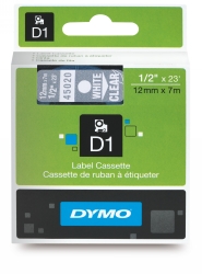 LABEL TAPE DYMO D1 12MMX7M WHITE ON CLEAR
