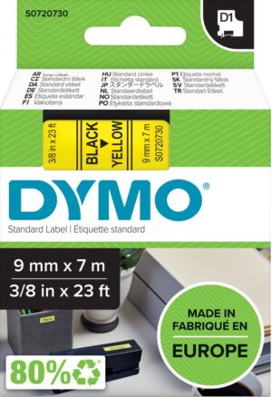 LABEL TAPE DYMO D1 9MMX7M BLACK ON YELLOW