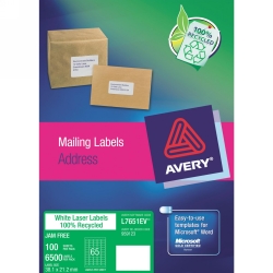 LABEL ENVIRO AVERY 38.1X21.2MM 100% RECYCLED 65/SHEET BOX 100 WHITE